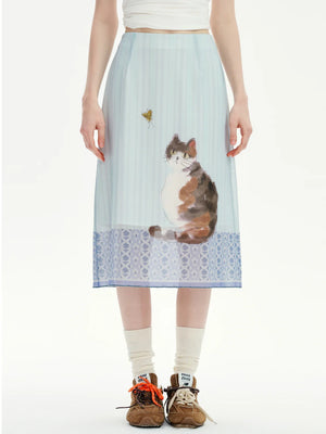 Cat Print Midi Skirt