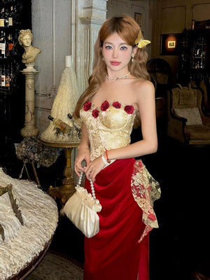 Rose Velvet Corset Midi Dress