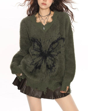 Grunge Butterfly Fuzzy Knit Sweater