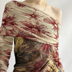Sun Print Mesh Off-Shoulder Top