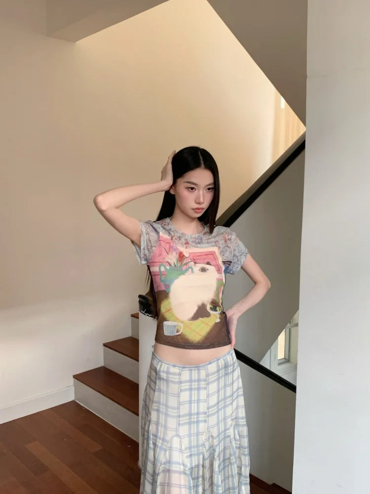 Cat Graphic Sheer Top