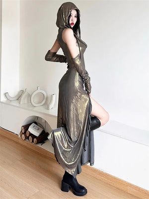 Cyberpunk Metallic Hooded Midi Dress