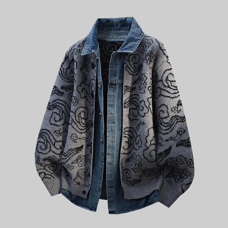 Denim-Collar Knit Cardigan