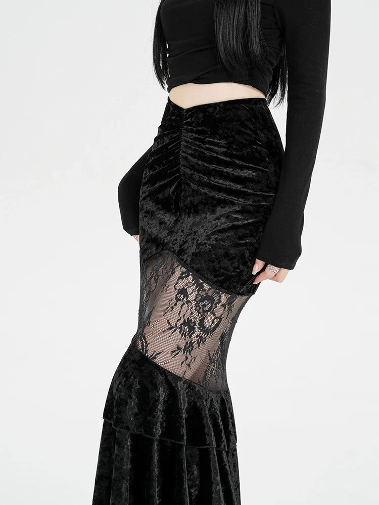 Goth Velvet Lace Maxi Skirt