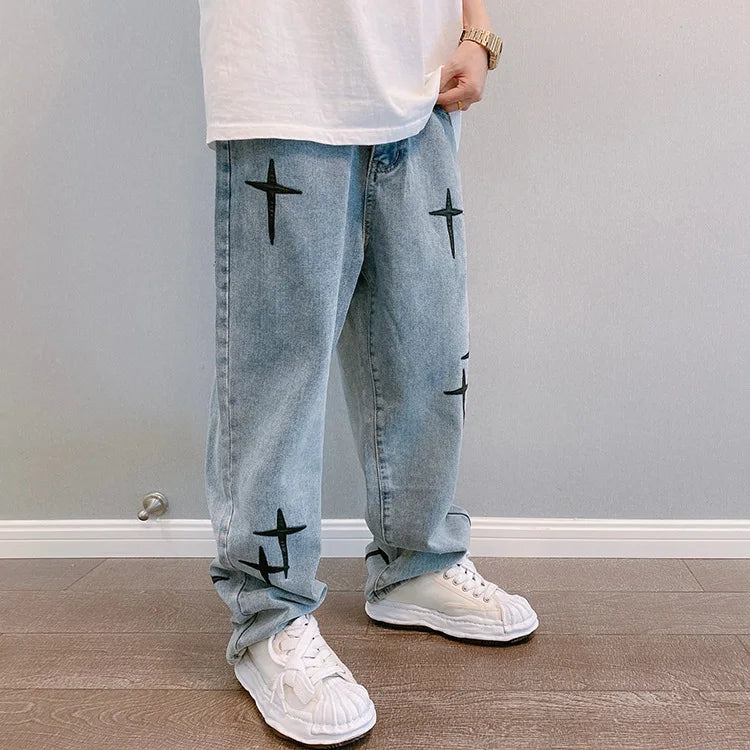 Straight Leg Cross Print Jeans