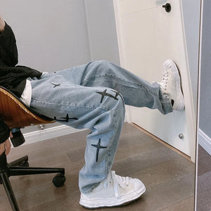 Straight Leg Cross Print Jeans