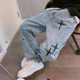 Straight Leg Cross Print Jeans