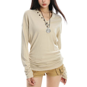Aesthetic Loose Fit Button V-Neck Top