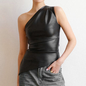 Asymmetric One Shoulder Leather Top
