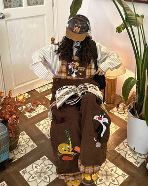 Brown Corduroy 90s Cartoon Dungarees