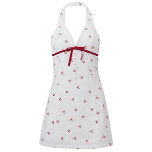 French Summer Cherry Halter Dress