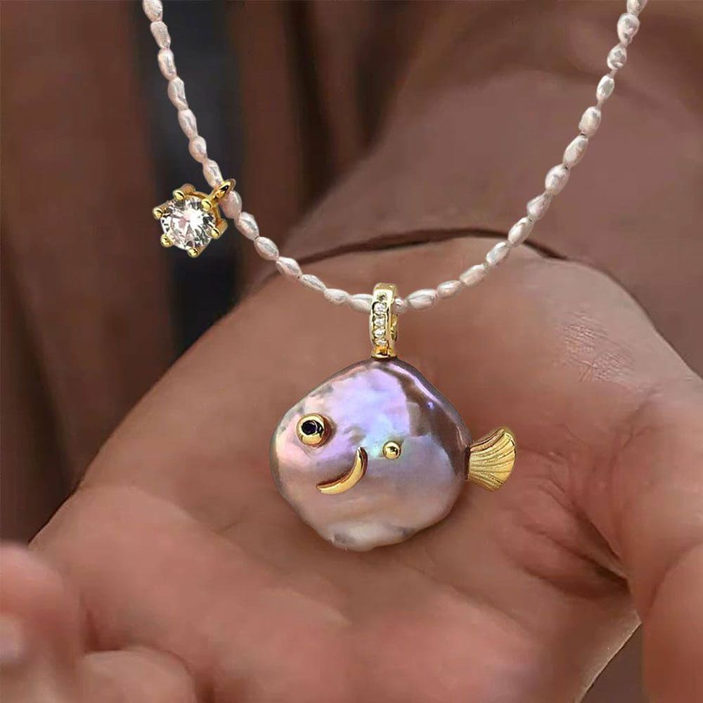 Coquette Pearl Fish Charm Necklace