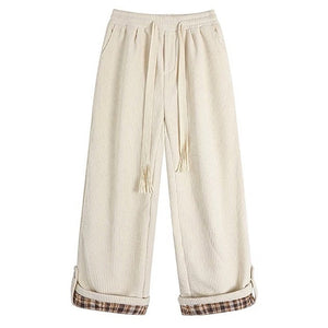 Cord Wide-Leg Pants with Plaid Cuffs