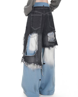 Distressed Double Effect Layered Jeans