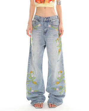 Floral Vine Fairycore Embroidery Jeans
