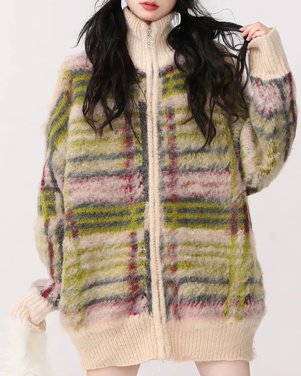 Indie Kid Fuzzy Plaid Zip Up Sweater