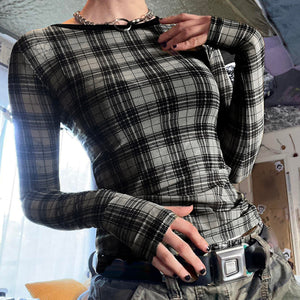 Grunge Plaid Mesh Long Sleeve Top