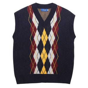 Oversized Argyle V-Neck Grandpa Knit Vest