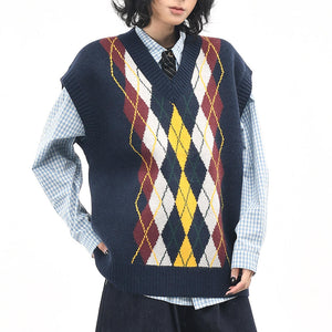 Oversized Argyle V-Neck Grandpa Knit Vest
