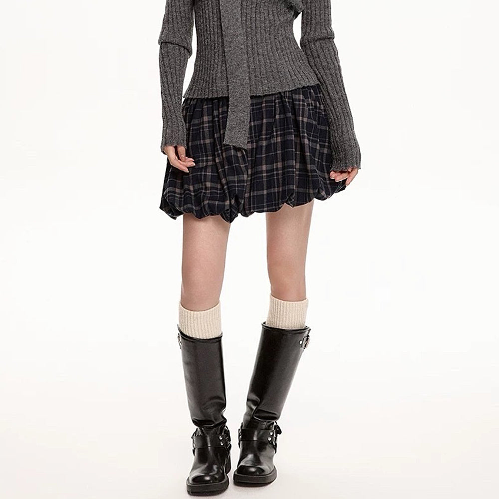 Preppy Plaid Balloon Mini Skirt