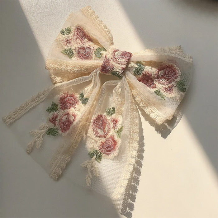 Rose Embroidery Lace Hair Bow