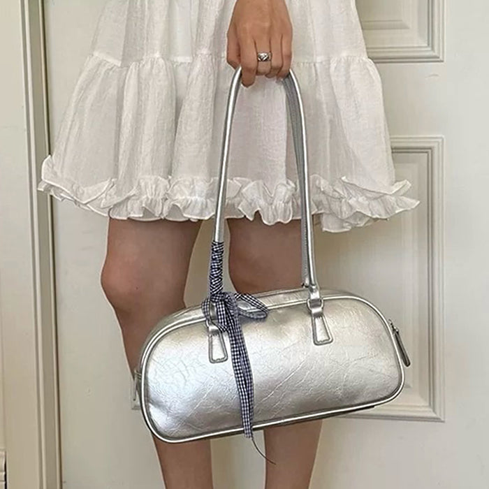 Silver Shoulder Bag with Gingham Bow