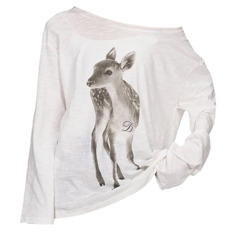 Y2K Deer Print One-Shoulder Top