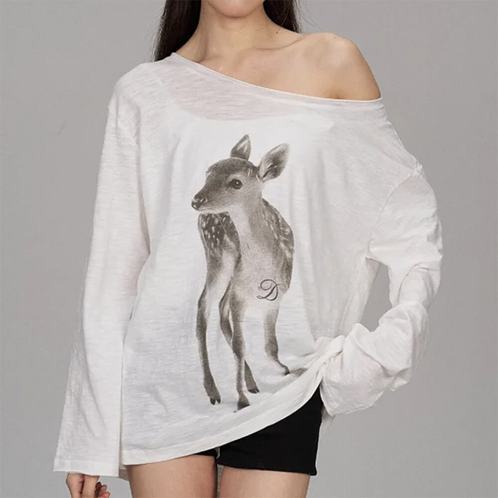 Y2K Deer Print One-Shoulder Top