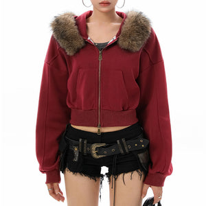 Y2K Aesthetic Cropped Fur Hoodie