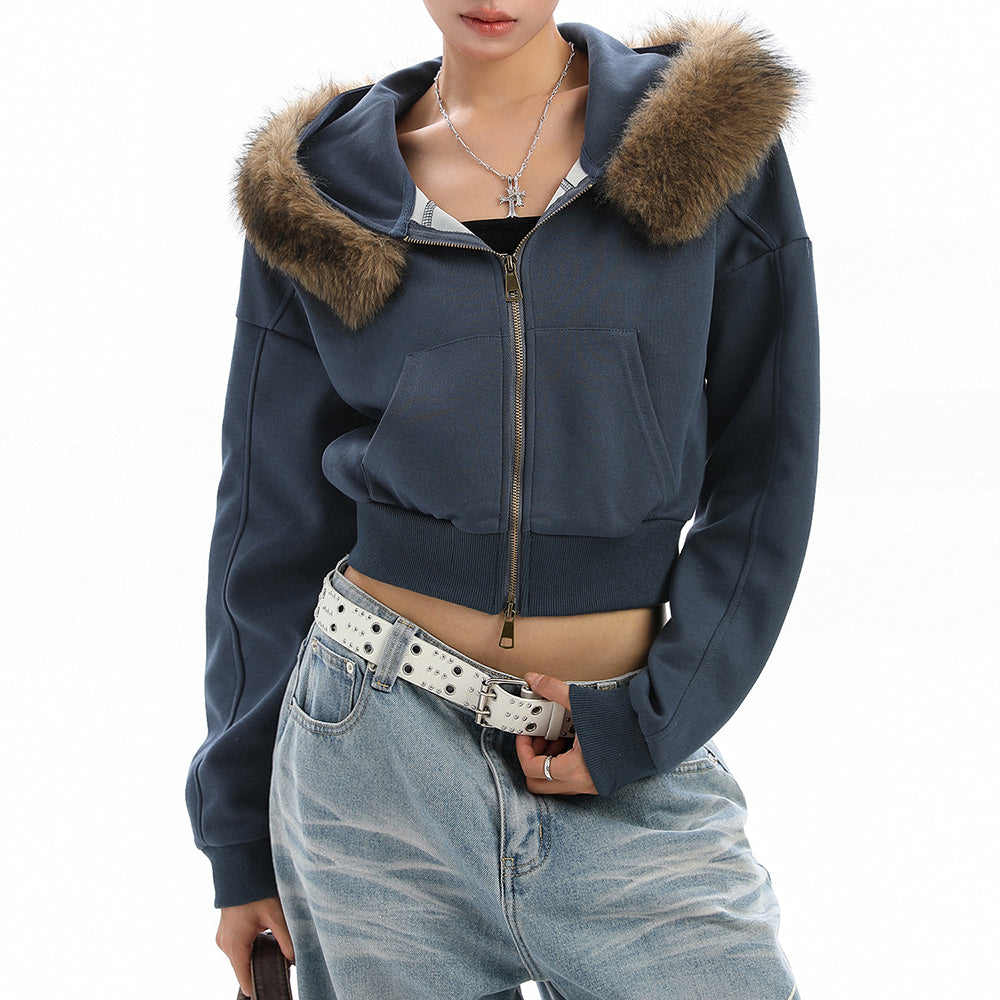 Y2K Aesthetic Cropped Fur Hoodie